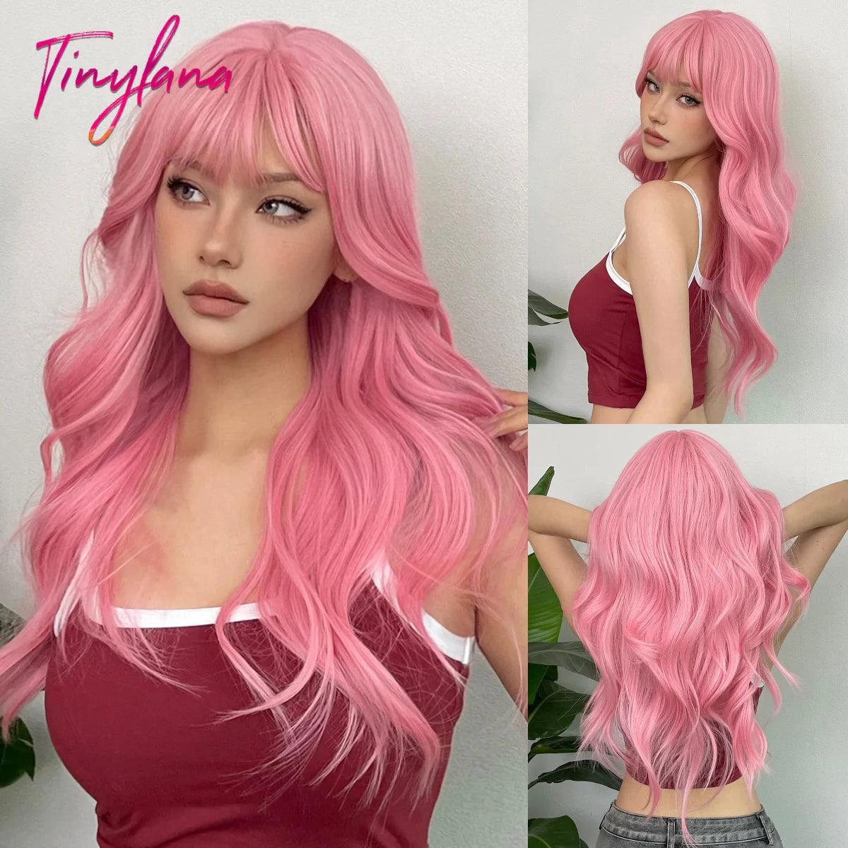 Wine Red Long Wavy Synthetic Wigs with Bangs for Women Colorful Burgundy Red Body Wave Cosplay Wig Halloween Heat Resistant Hair