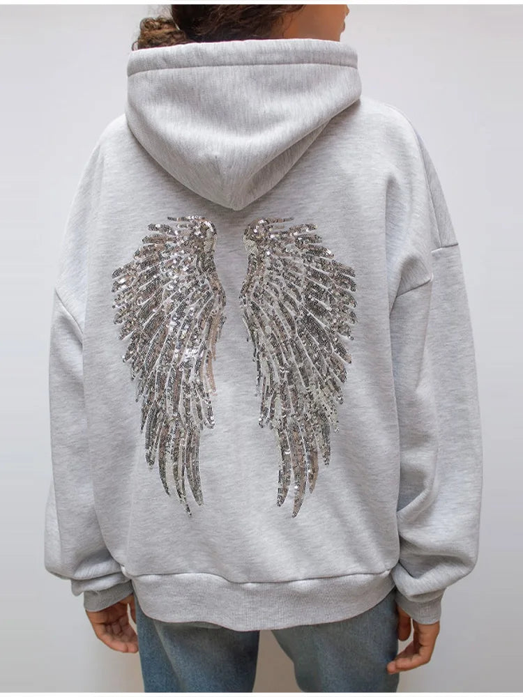 Women's Y2k Trendy Elegant Casual Pullover Autumn Easy Match Sequin Wing Print Hoodie Tops Lady Loose Commuter Office Clothes