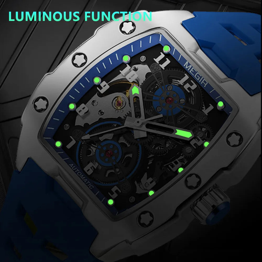 MEGIR Automatic Mechanical Watches for Men 43MM Tonneau Skeleton Dial Man Wristwatch Waterproof Luminous Male Clock Reloj Hombre