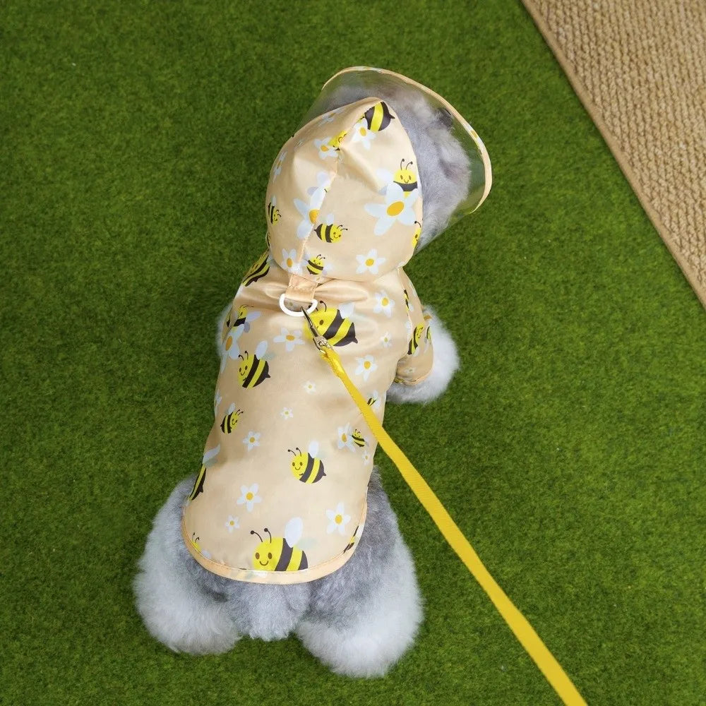 Pet Clothing Cartoon Bee Print Dog Hooded Raincoat Light Thin PVC Pet Waterproof Cloak with D-ring Puppy Rain Poncho Rainy Day