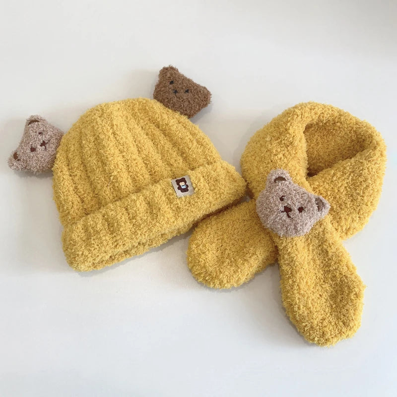 Baby Hat Scarf For Girls Boys Winter Warm Set Cartoon Bear Cold-proof Clothing For Kids Children Stuff Brimless Cap Scarf