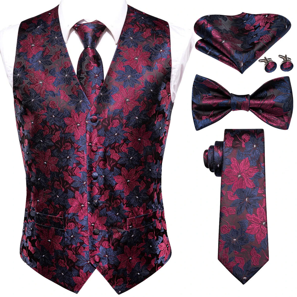 Luxury Gold Mens Suit Vest Red Blue Green Yellow Red Waistcoat Tie Bowtie Hanky Cufflinks Set Male Waist Jacket Wedding Office