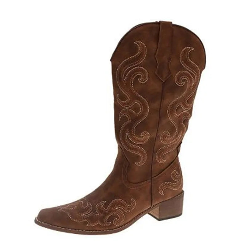 Embroidered Western Cowboy Boots for Women Autumn Pointed Toe Thick Heel High Knee Boots Woman Loose PU Leather Long Botas Mujer
