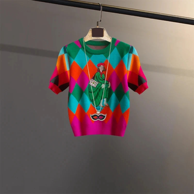 Summer Sequines Knitted T Shirt Women Fashion Casual Cartoon O-Neck Short Sleeve Sweater Pullover Ladies Tops Tees