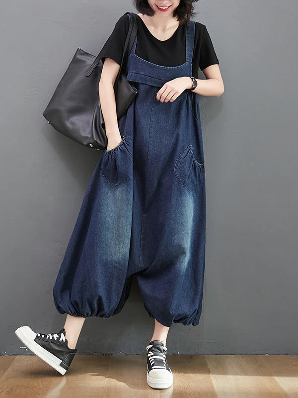 Loose Fit Denim Overalls Women's Summer 2026 Faion plus Size Lantern Leg One-Piece Pants High Waist Long Trousers