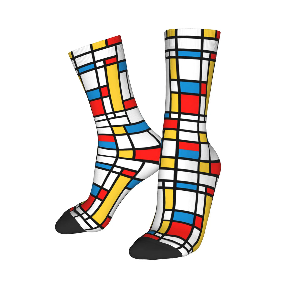 Custom Color Art Retro Mondrian Men Women Crew Socks Unisex Fashion 3D Printed Abstract Art Plaid Dress Socks