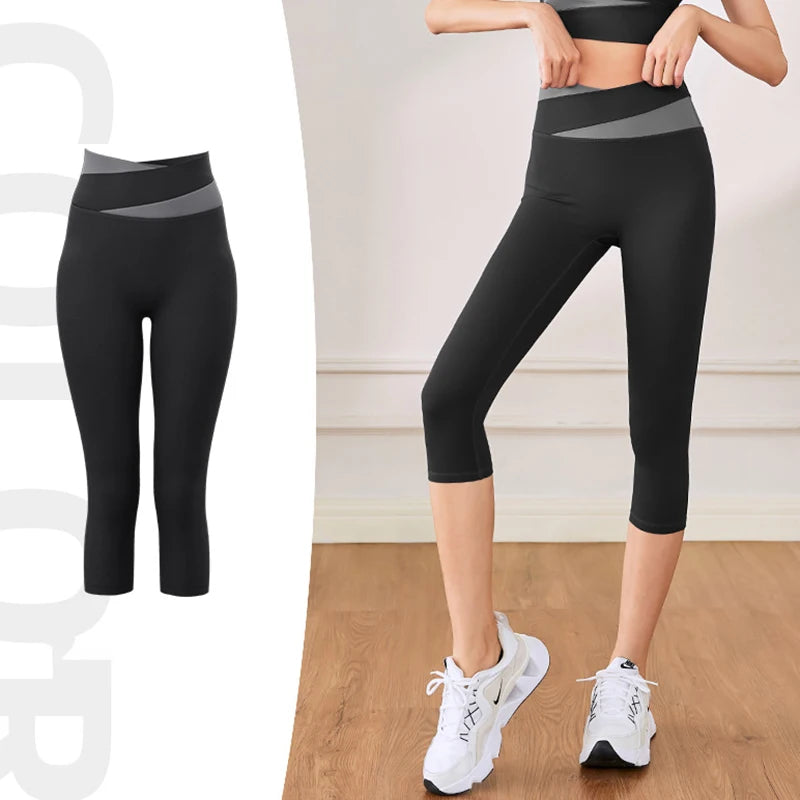 Women Sport Leggings High Waist Cropped Yoga Pants Running Capris Patchwork Color Crossover Gym Workout Tights Slim Sportswear