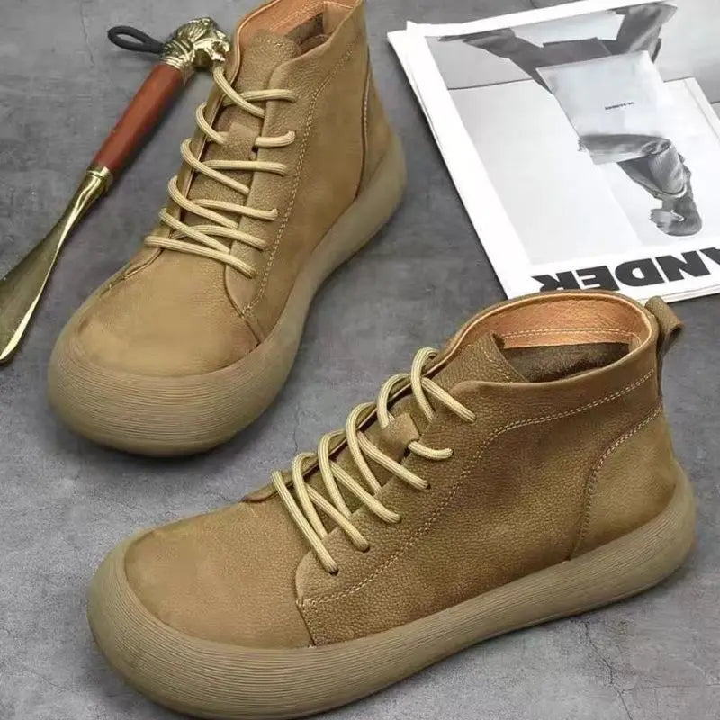 2025 Autumn Men's Chelsea Boots Retro Men High-Top Leather Ankle Boots Outdoor Soft Sole Lace-Up Suede High-Quality Casual Shoes