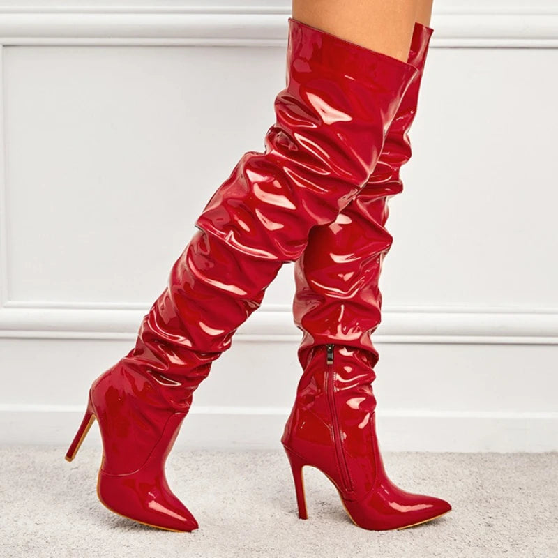 Women's Boots Over The Knee Shiny Pleated High Heel Boots Side Zip Womens Pumps Pointed Toe Stiletto Women Shoes Patent Leather