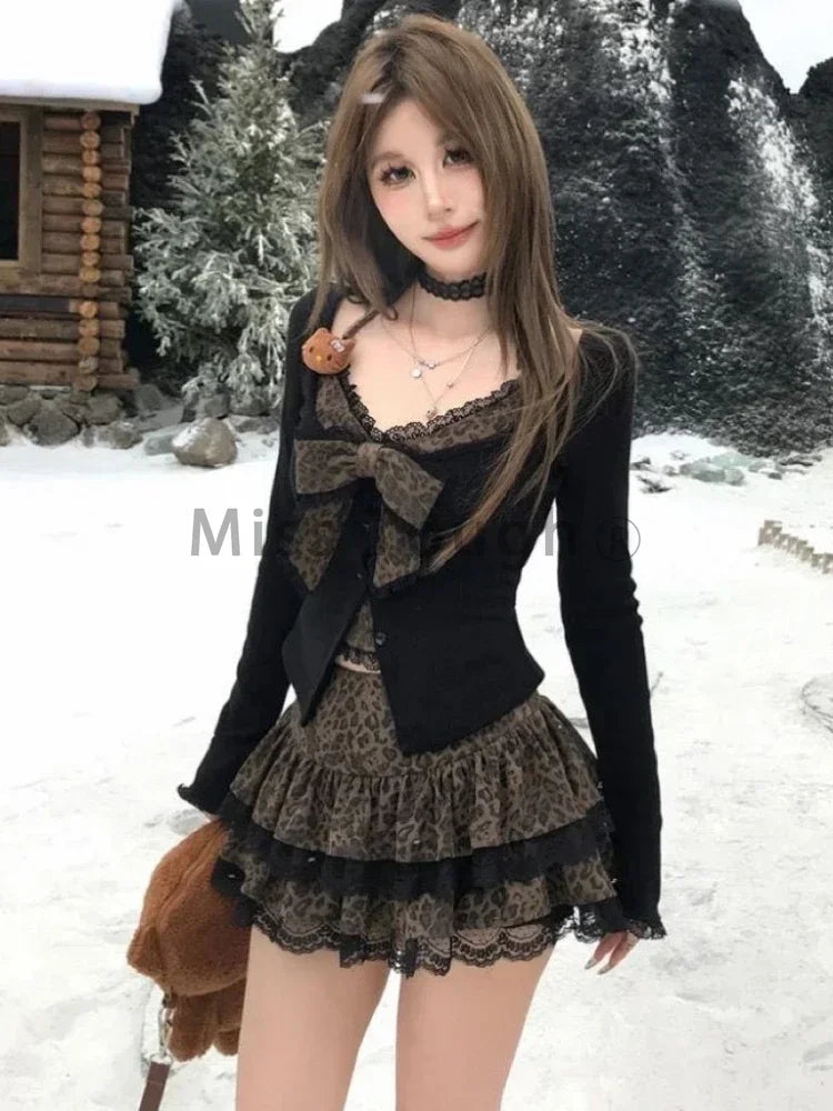 Autumn Winter Sexy Leopard Print Skirt Suit Women Fake Two Piece Tops + Lace Cake Skirt Set Japanese Y2k Bow Sets 2000s Clothing