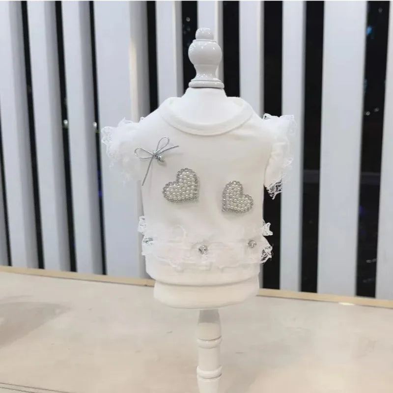 Pet Clothes For Small Dogs Cats, Puff Sleeve Lace Blouse Denim Skirt Cute Puppy Kitten Daily Outfit