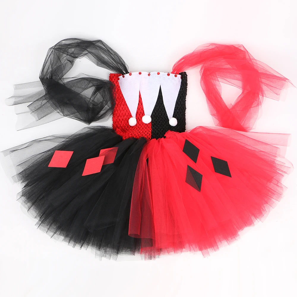 Kids Clown Costume for Girls Red & Black Joker Tulle Tutu Dress Outfits Toddler Girls Halloween Carnival Party Dress Up Clothes
