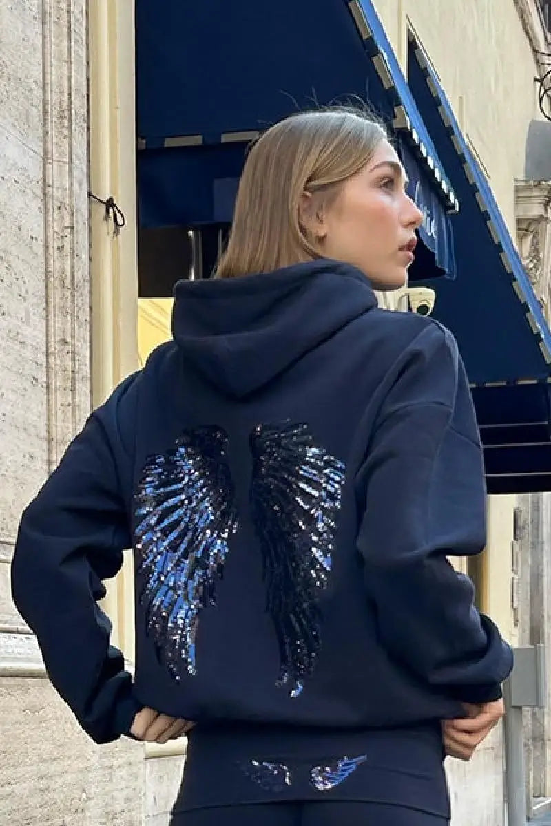 Female Sequined Wing Print Pattern Hoodie Autumn Fashion Classical Hooded Sweatshirt 2025 Loose Elegant Versatile Warm Pullover