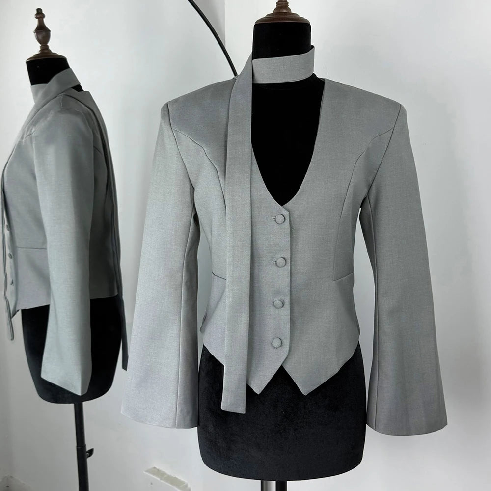 Talenza Female Fashion Blazer New Solid V-Neck Scarf Ribbon Long Sleeve Slim Blazer Elegant Luxury Chic Party Women Blazer Coats