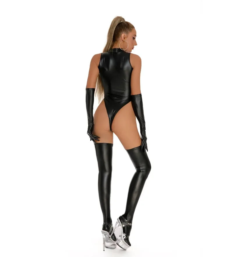 Sexy Women Leather Catsuits With Long Stocking Gloves High Cut Wetlook Latex Bodysuit Lingerie Set Stage Wear Clubwear Overalls