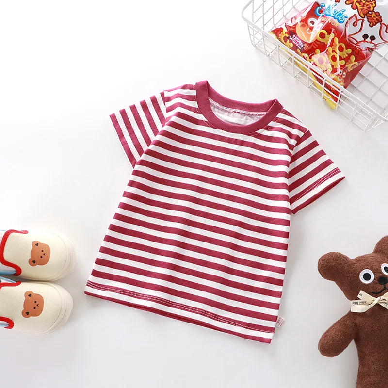 1pcs Kid 100% Cotton Short Sleeve T-shirt Summer Baby Comfortable Clothes Boys Girls Stripe Tee Children Breathable Leisure Tops