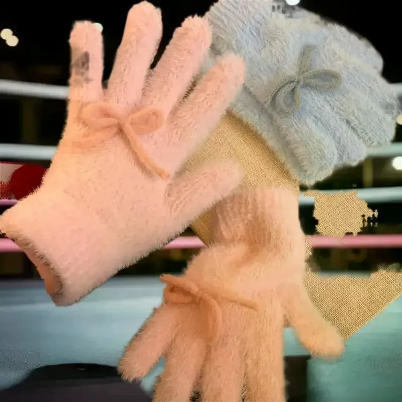 Women's Fashionable Winter Gloves - Cute, Plush, Bow-Embellished and Heat-Preserving, Great Christmas Gifts for Students