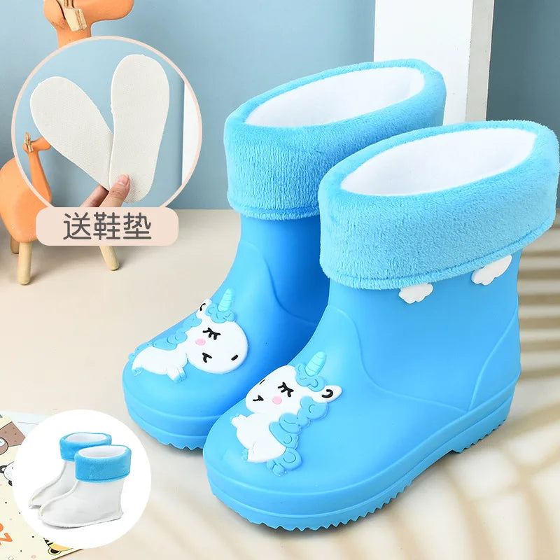 New Kids Rain Boots Boys Girls Rainbow Water Shoes Toddlers Garden Shoes Kids Cartoon Drawstring Non-Slip Rain Boots Comfortable