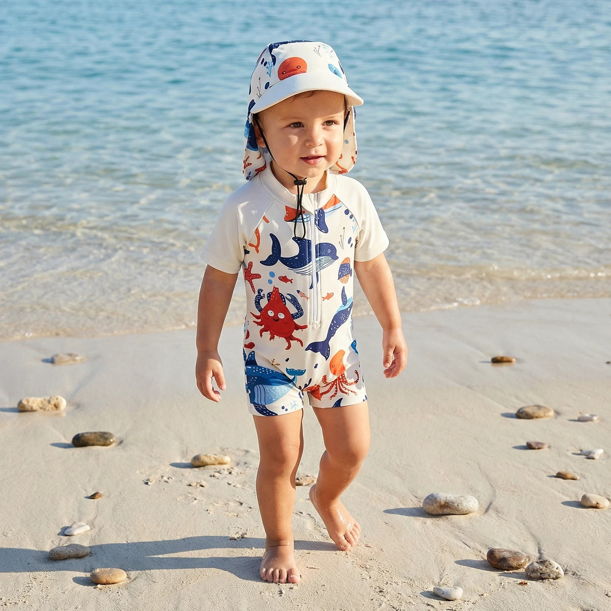 Toddler Boys Rash Guard Swimsuit Sea Animal/Tropical Plant Print Short Sleeves Mock Neck Zipper Romper Swimwear Cap Beachwear