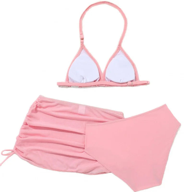 2025New Children's Bikini Swimsuit Cute Girls' Three-Piece Set with Chest Pad for Older Children