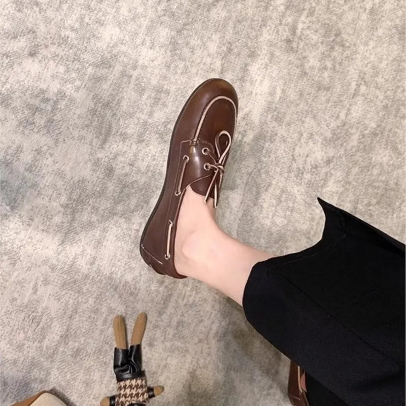 Women's Loafers Shoes Genuine Leather High Quality Round Toe Soft Bottom Flat Shoes Lace Up Breathable Ladies Casual Shoes 2026