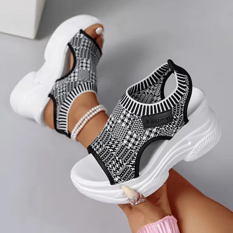 Women Sandals Breathable Wedge Platform Sport Sandals Summer Korean Version Fish Mouth Shoes Fashion Knitting Mesh Shoes Women