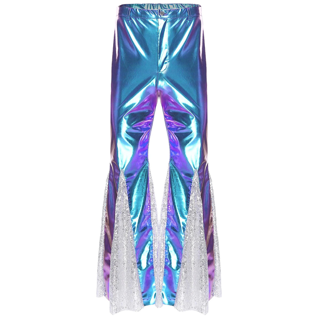 Mens Shiny Metallic 70s Disco Flared Pants Hippie Vintage Hip Hop Carnival Performance Costume Sequins Bell Bottoms Trousers
