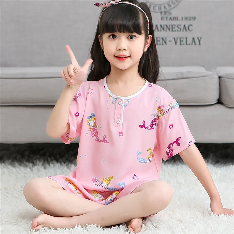 Kids Boys Girls Pajamas New 2023 Summer Thin Cute Cartoon Short Sleeve O-Neck Casual Tops with Shorts Baby Sleeping Clothing Set