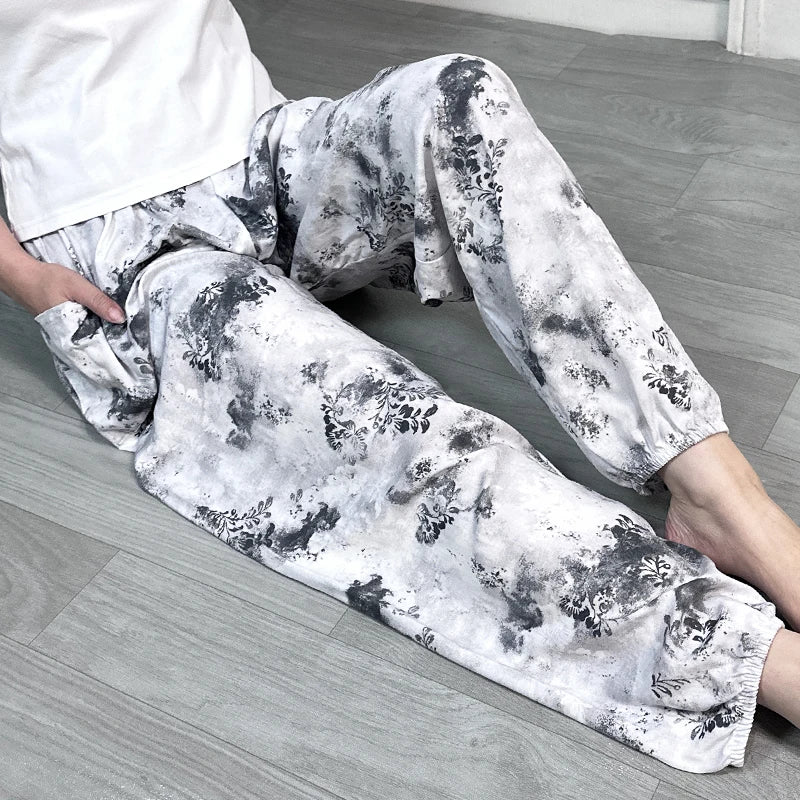 Cool Summer New Silk Cotton Spwear Loose Women's Wide Leg Pants Home Wear Floral Print Heat Resistant Comfortable Casual T...
