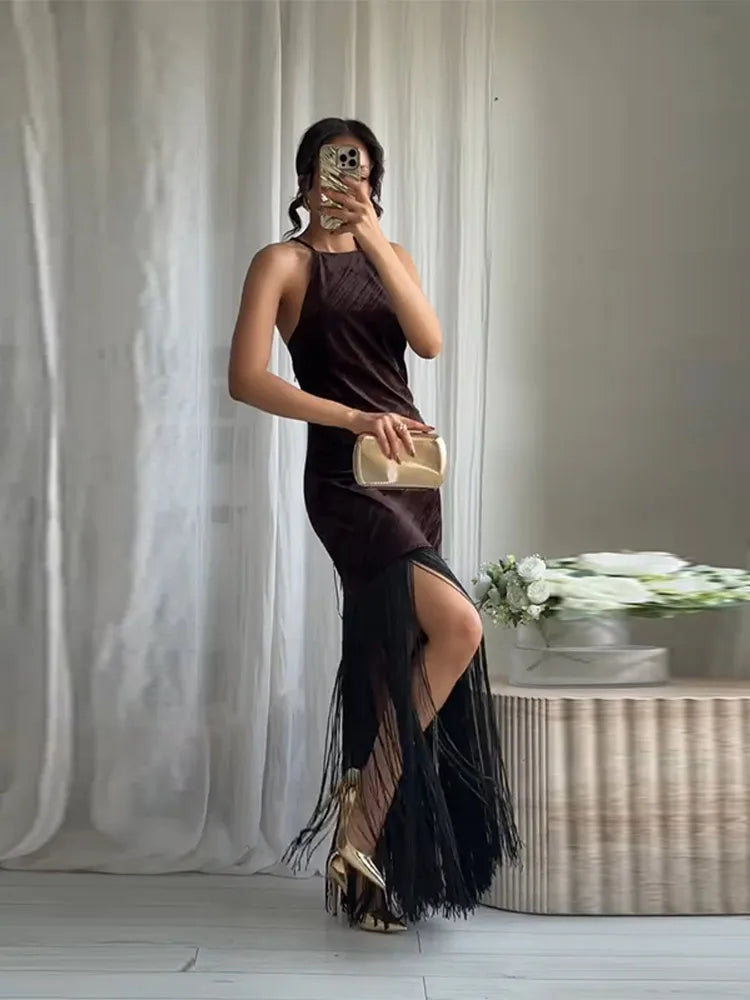 Sexy Velvet Tassels Long Dress Women Halter Sleeveless Hollow Out Backless Vestidos Female Chic Party Evening Robe 2026