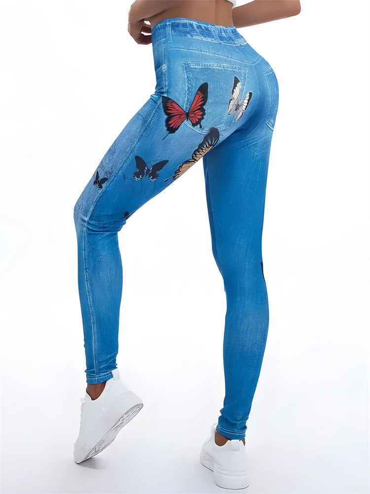 Sports Yoga Leggings Women Butterfly Soft Women Red Butterfly Print Jeggings High Elastic  Fitness Slim Fit Vintage Fake Jeans