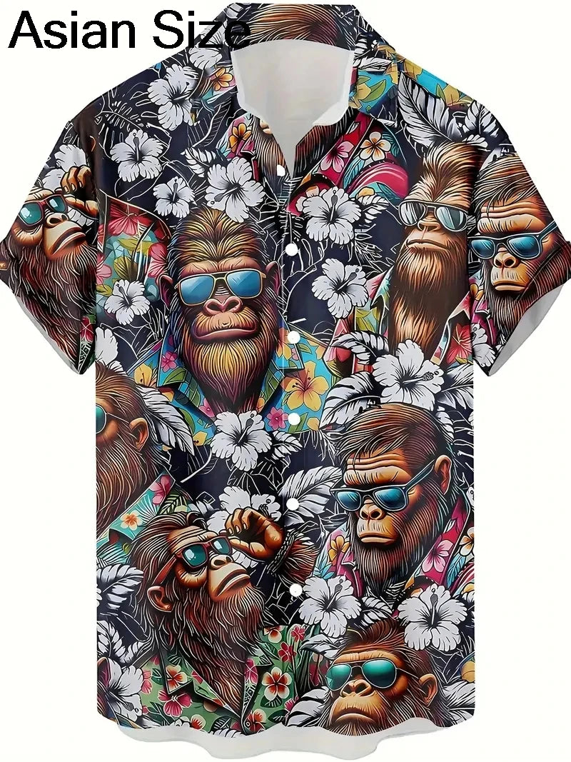 Men's Fashion 3D Printed 2025 Casual Hawaiian Shirts Funny Monkey Giraffe Cat Graphic Blouses Short Sleeve Button Shirt Tops