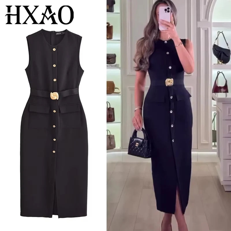 HXAO Women's Black Dress Summer 2025 Sleeveless Elegant Formal Dresses For Women Belt Vest Long Dress Button Casual Dresses