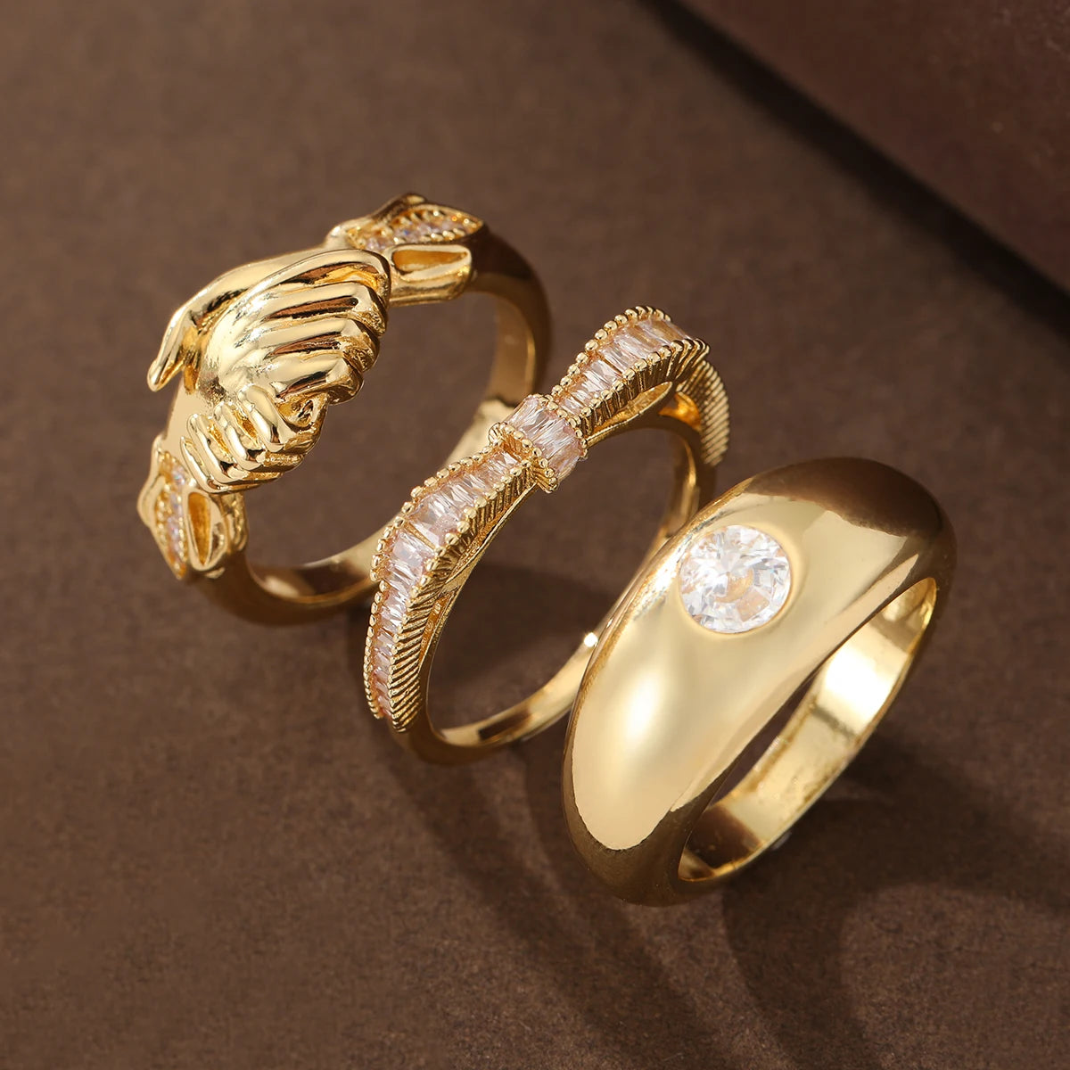 Three Luxury-Style Stacked-Set Diamond-Inlaid Copper Jewelry Rings for Ladies, Suitable for Daily Casual Wear