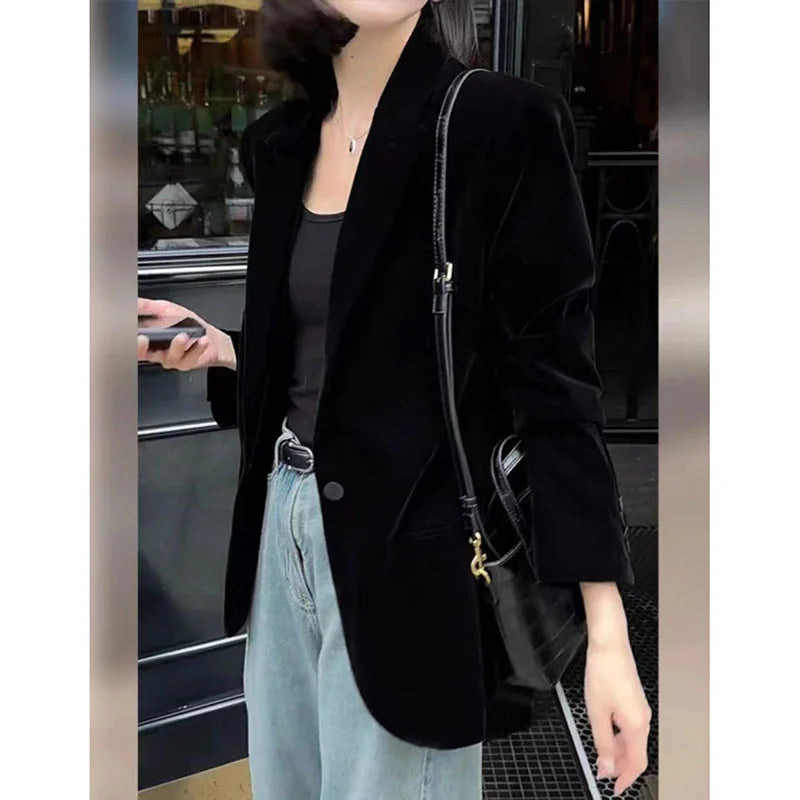 Autumn New Black Velvet Women's Blazer Fashion Long Sleeve Single Button Casual Loose Temperament Suit Top Female Outerwear