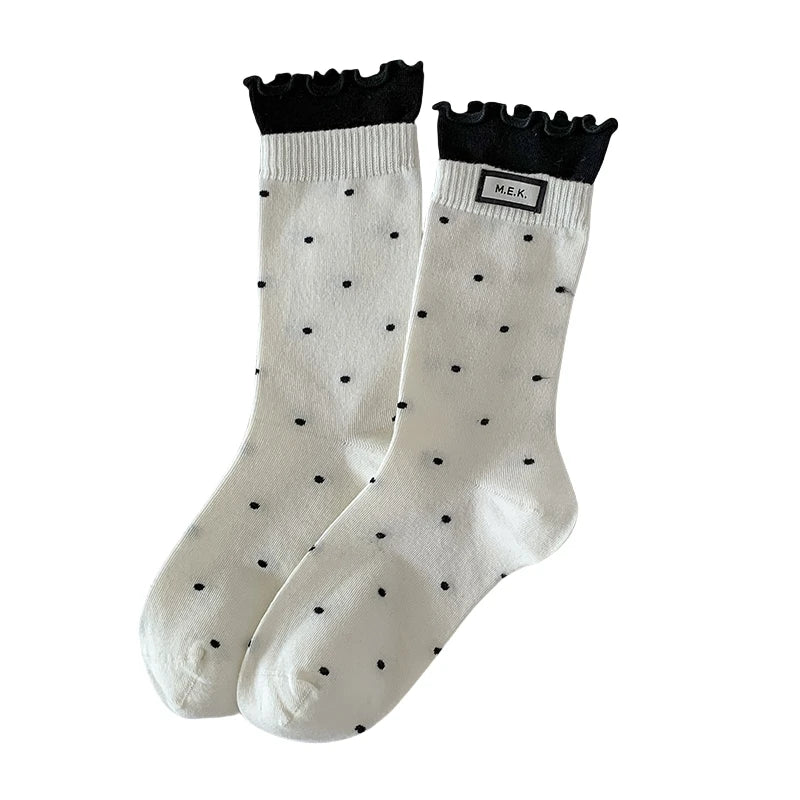 Socks For Women New Dots Cute Frilly Casual Fashion Long Socks Breathable Preppy Style Ladies Novelties Socks Cotton Soft Comfy