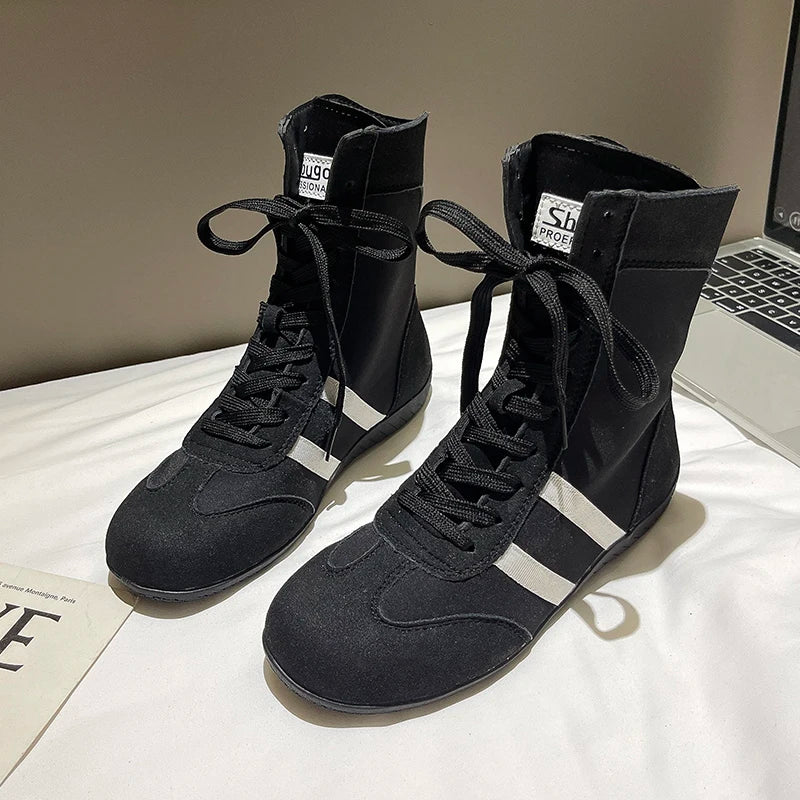 2025 Women's Sneakers Fashion High-top German Training Female Shoes Retro Round Toe Lace-up Boxing Boots for Women