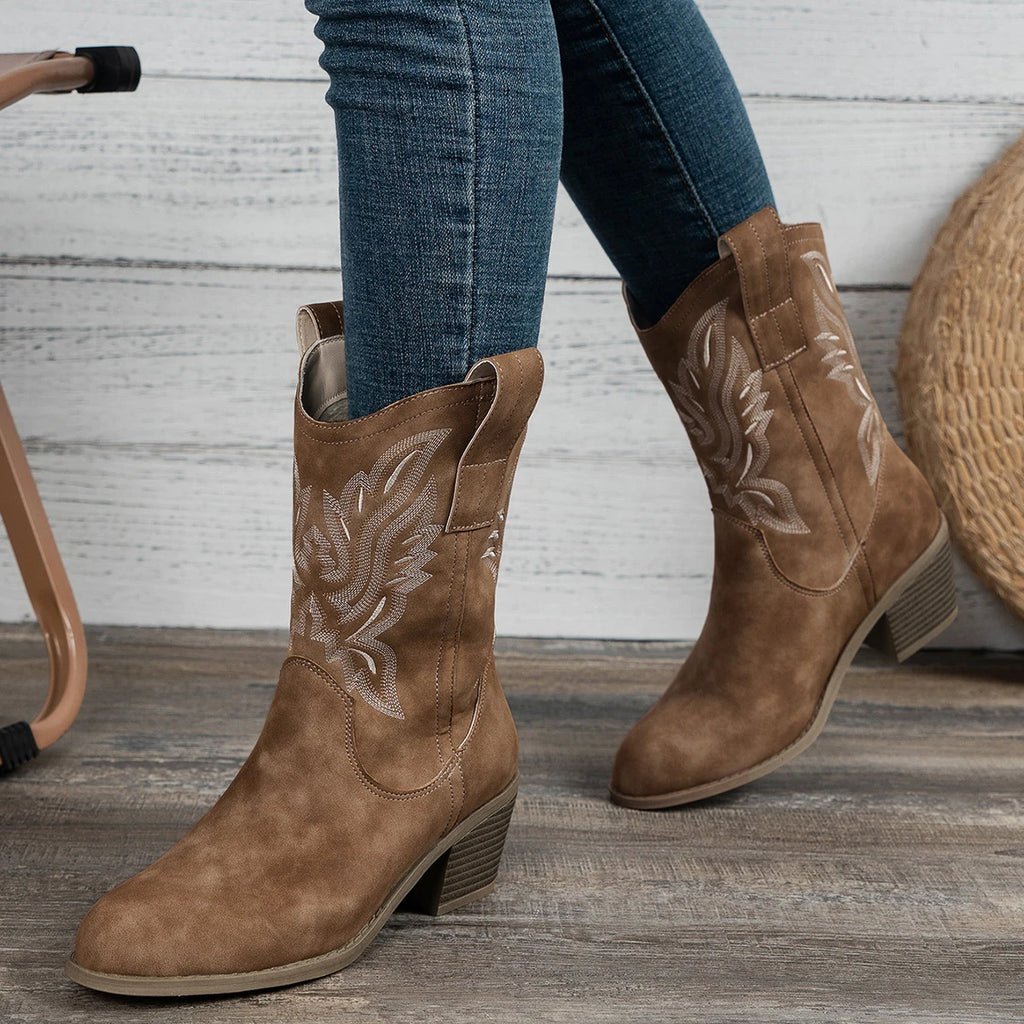 Shoes for Women New Embroidered Western Cowboy Boots Women Autumn Pointed Toe Thick Heel High Knee Boots Woman Botas De Mujer