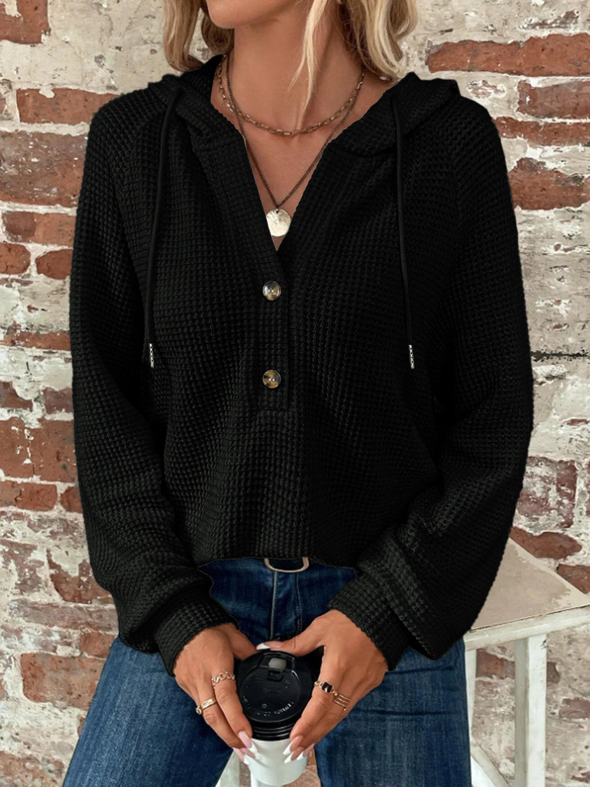 Women's Solid Color Hooded Button Loose Long Sleeved Hoodie Autumn/Winter 2023 Fashion Comfortable Casual Sweatshirt
