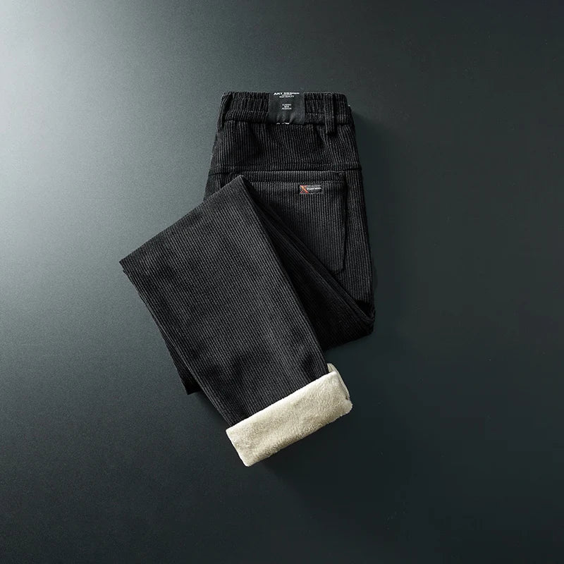 Winter Fleece Warm Corduroy Fabric Men's Casual Pants Outdoors Business Thick Flocking Plush Black Grey Brown Trousers Male