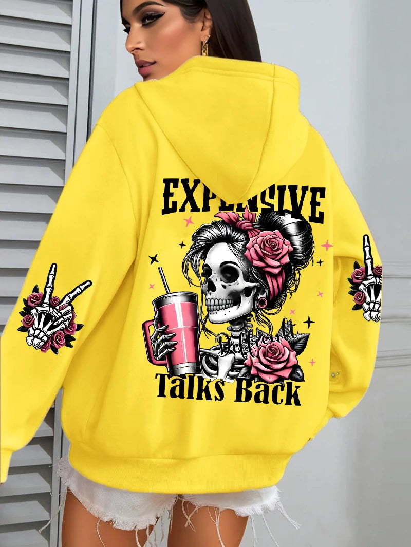 Expensive Talks Back Funny Printing Womens Plus Size Hoodie Multicolor Pullovers Fleece Autumn Sportswear Casual Pocket Hoody