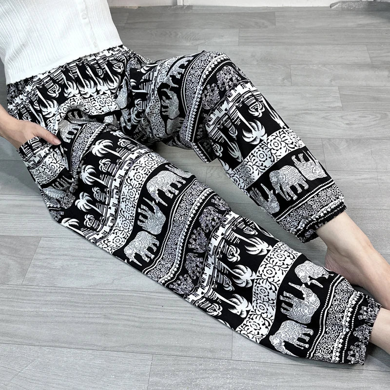 Cool Summer New Silk Cotton Spwear Loose Women's Wide Leg Pants Home Wear Floral Print Heat Resistant Comfortable Casual T...