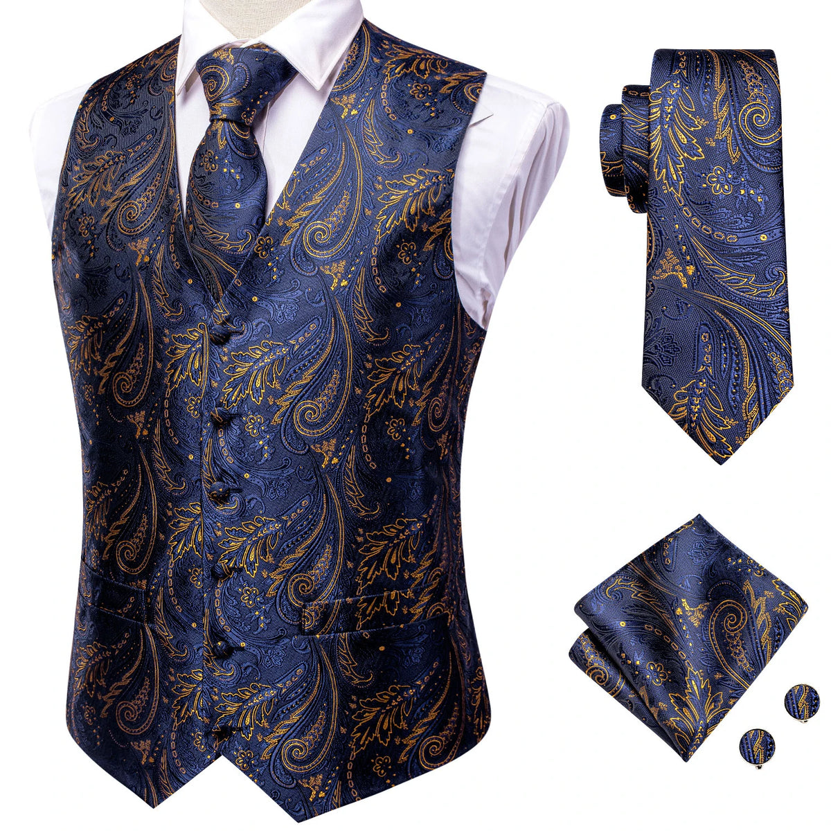 Hi-Tie Navy Paisley Dress Vest Set For Men Dark Blue Jacquard Men's Suit Vest Male Waistcoat For Wedding Formal Jacket