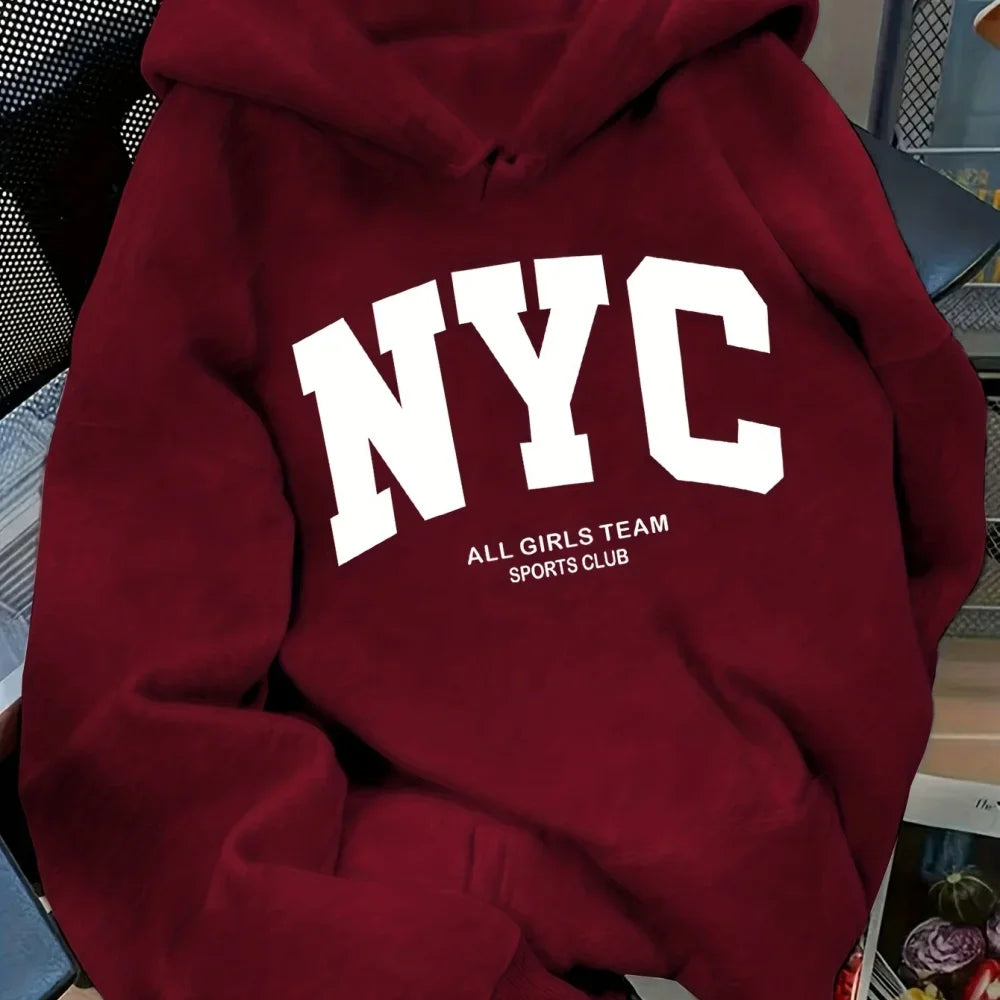 New Fall/Winter Comfortable Navy Blue New York Team Hoodie - Long Sleeve, Couples' Street Style Hoodie, Casual Pullover with POC