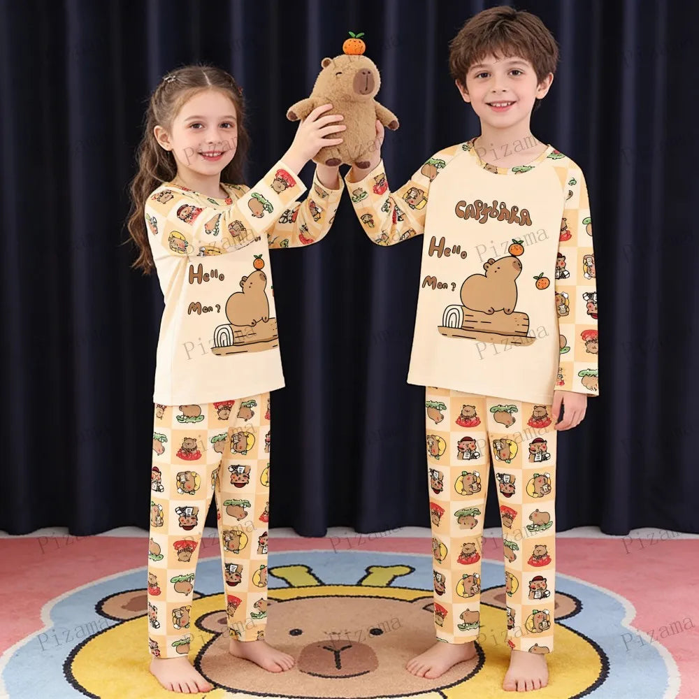 Capibara Kids Pajama Sets Long Sleeve Loungewear with Cute Animal Print Soft Sleepwear for Boys Girls Cartoon Sleepwear Outfit