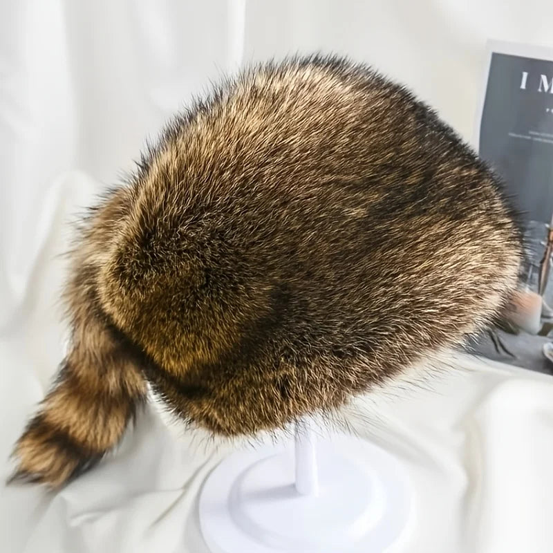 A Winter Hat for Women Made of Comfortable Faux Fur with Raccoon Tail - Thick and Warm Polyester Fiber, Perfect for Daily Wear and Outdoor Activities. Autumn and Winter Warm Hat