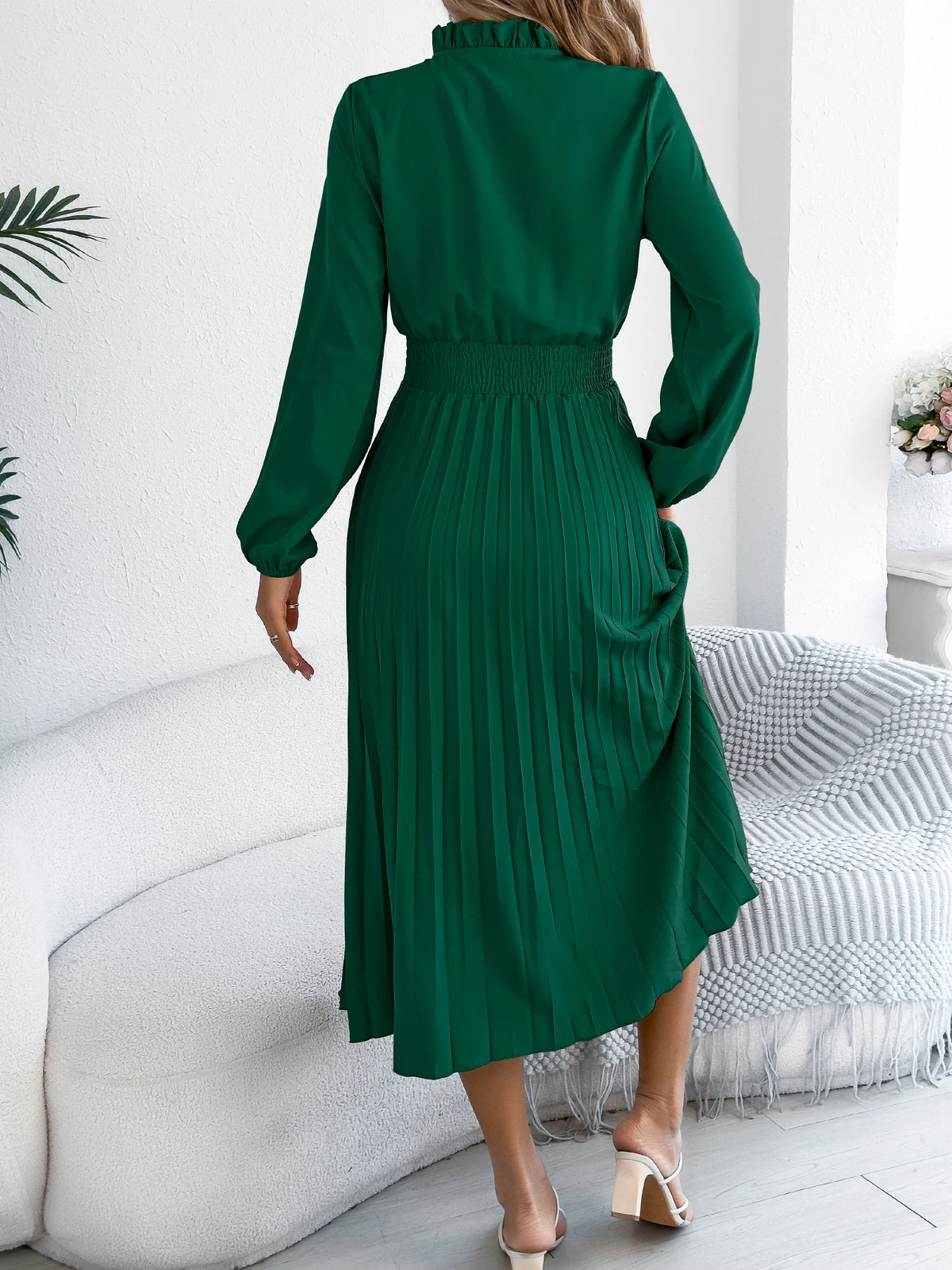 Elegant Dresses for Women 2026 Autumn Winter Casual Solid Color V Neck Lace Up Pleated Maxi Dress Red Khaki Green Woman Dresses