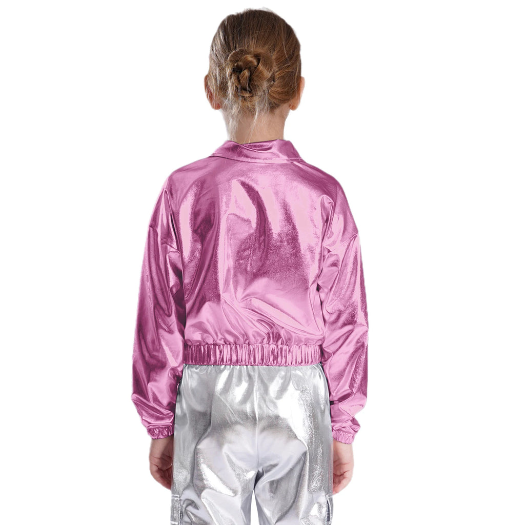 Kids Boys Girls Metallic Shiny Jacket for Hip-Hop Jazz Dance Tops Long Sleeve Flap Pockets Outwear Dancing Performance Costumes