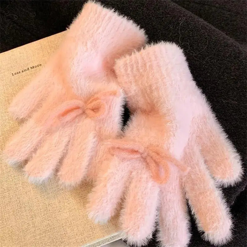 Women's Fashionable Winter Gloves - Cute, Plush, Bow-Embellished and Heat-Preserving, Great Christmas Gifts for Students