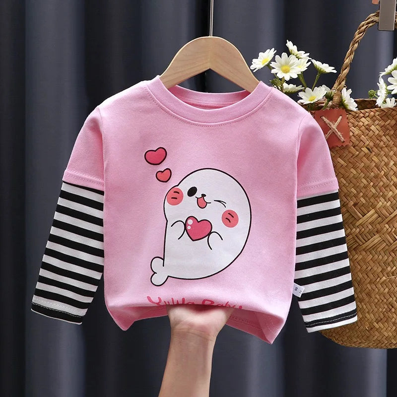 Kids Spring Autumn Long Sleeve Tops Boys Girls Cute Cartoon Shirts Toddler Daily Bottoming Tees Baby Soft Casual Outfits
